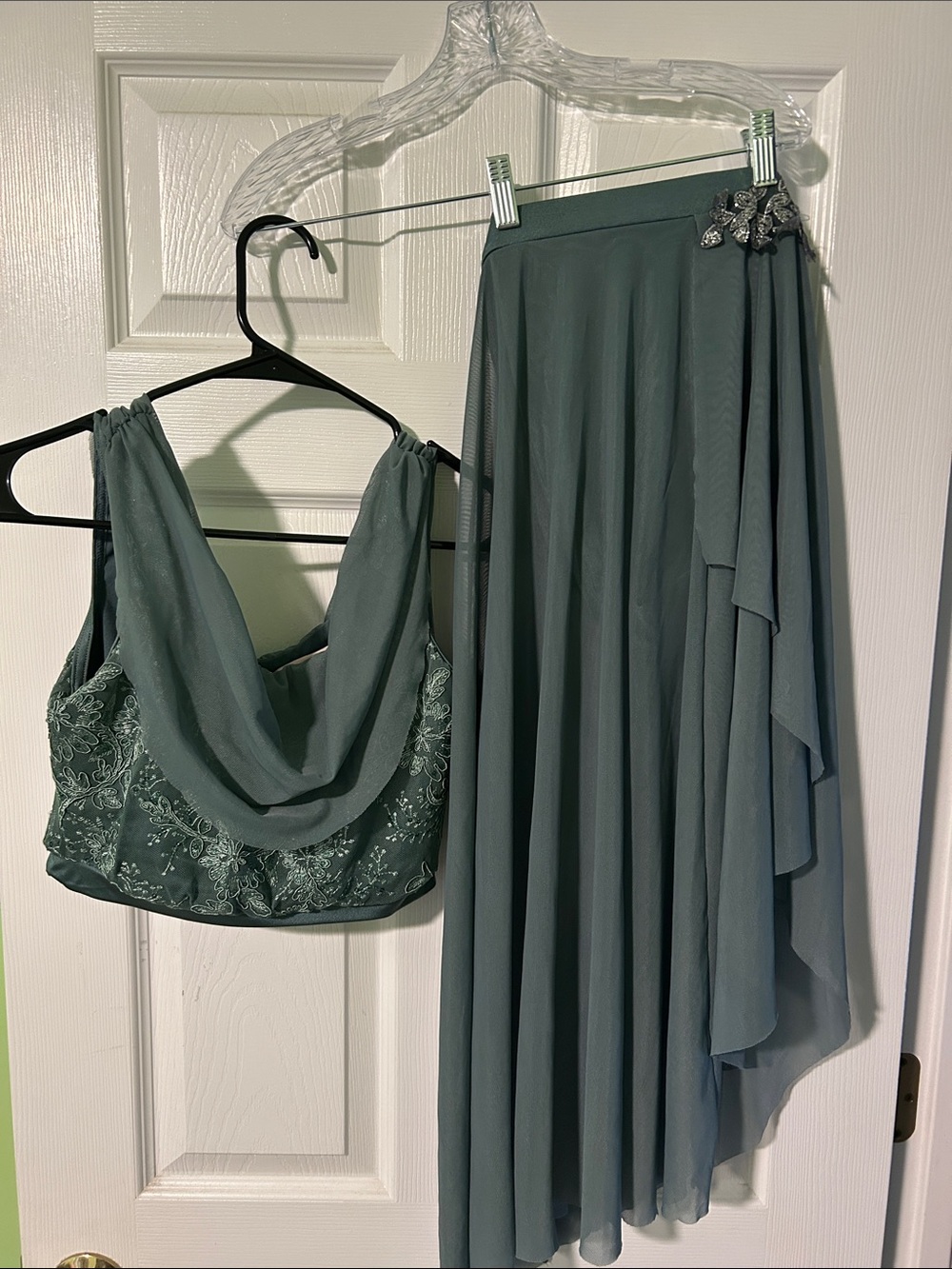 Weissman Sage Green Chiffon Skirt and Draped Top Set